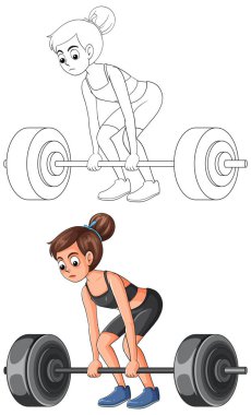 Hem dış hatlarda hem de renkli versiyonlarda gösterilen, kaldırma işlemi yapan kadının çizgi film vektör çizimi