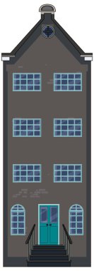 Klasik Hollanda kanal evinin düz vektör çizimi, koyu cephe, mavi pencereler, simetrik bileşim