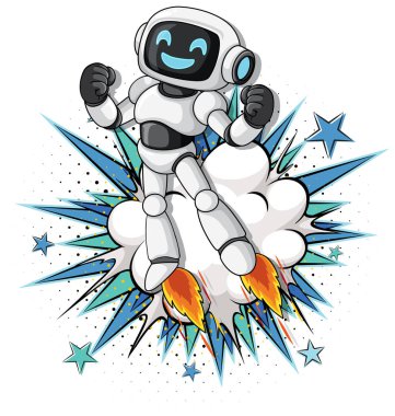 Çizgi film robotu, çizgi roman tarzı patlamalar ve parlak yıldızlarla çevrili.