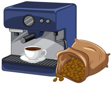 Mavi espresso makinesi, beyaz kahve fincanı ve çuval dolusu fasulye.