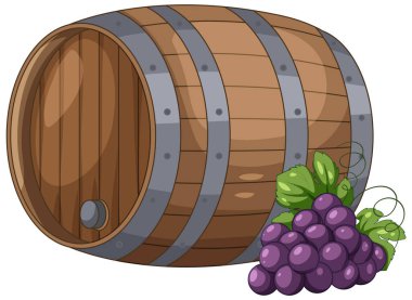 Beyaz arka planda klasik ahşap bir fıçı ve mor üzümlerin vektör çizimi