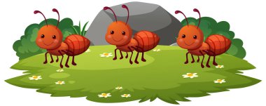 Üç gülen karınca çiçekli yeşil çimlerin üzerinde duruyor, çizgi film vektör stili, parlak renkler