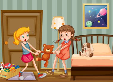 Two girls pulling teddy bear in bedroom clipart