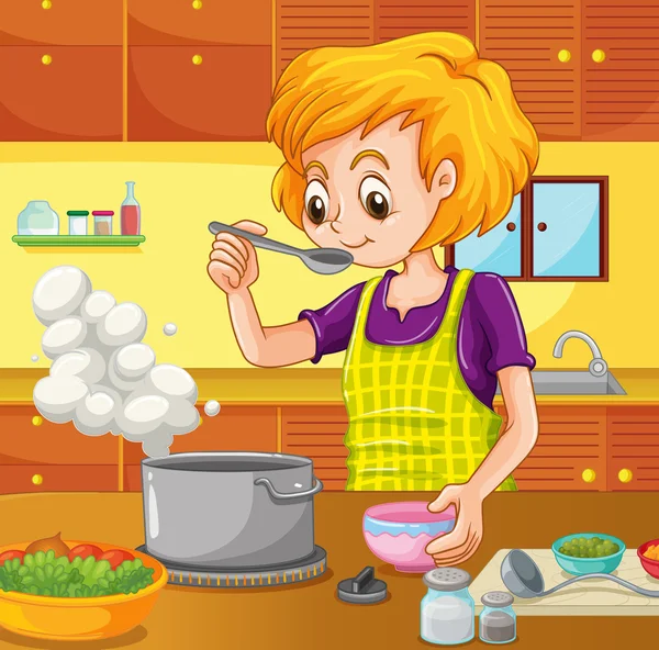 Mujer cocinando en la cocina — Vector de stock