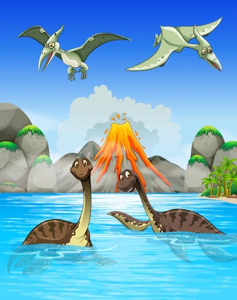 Dinosauri nuotare nel lago — Vettoriale Stock