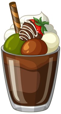 Üzerine kibrit dondurma ve krem şanti katılmış çikolatalı bir tatlının vektör çizimi.
