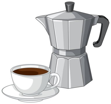 Geleneksel soba espresso makinesinin vektör çizimi dolu bir kahve bardağının yanında.