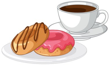 Beyaz kahve fincanının yanındaki tabaklarda pembe ve çikolatalı çöreklerin temiz grafiği