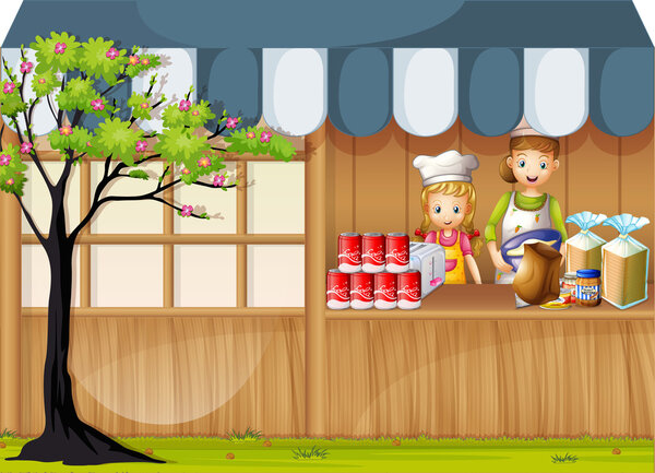 Girls selling food in foodstand