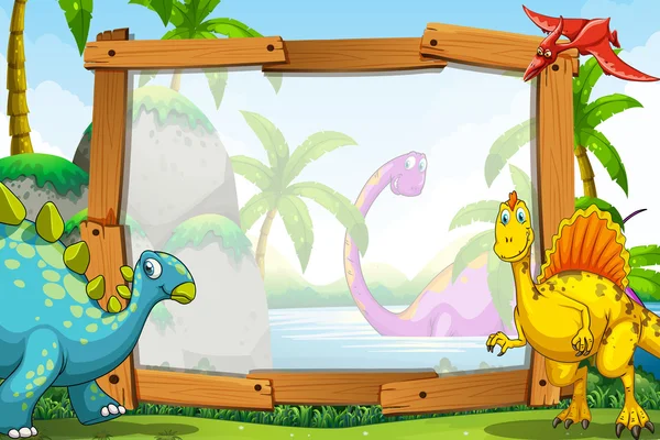 Dinosaures par le cadre en bois — Image vectorielle