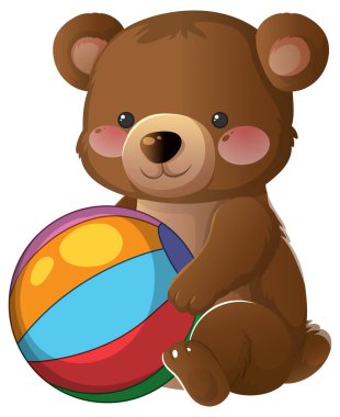 Sevimli karikatür ayı yavrusu canlı plaj topuyla oturuyor, yumuşak gölgeleme, beyaz arka plan, vektör stili