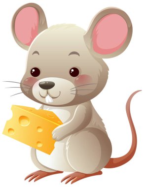 Büyük kulaklı ve peynirli sevimli vektör fare, yumuşak pastel renkler, temiz çizgi film tarzı
