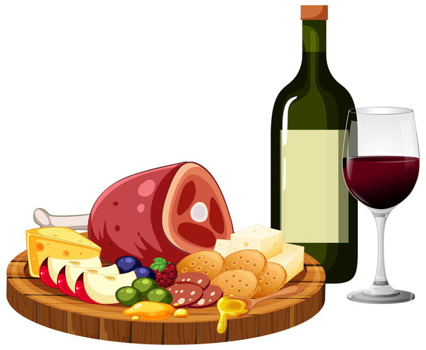Vector illustration of assorted meats, cheeses, fruits, and crackers with red wine, flat style
