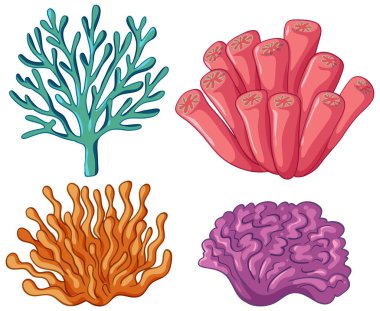 Dört neşeli kızın vektör illüstrasyonu çeşitli saç şekilleriyle parlak renkli çizgi film tarzıyla karşılaşıyor