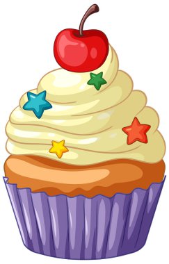 Beyaz arka planda yıldız parçacıkları ve kirazlı vanilyalı kekin vektör çizimi