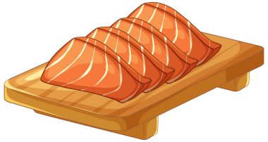 Beyaz arkaplanlı ahşap bir tabakta saf somon filetolarının vektör çizimi