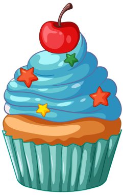 Mavi kıvrımlı, renkli yıldız parçacıkları ve kırmızı vişneli kek.