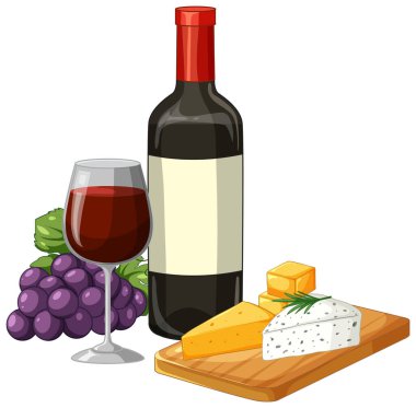 Kırmızı şarap şişesi, cam, mor üzüm ve ahşap tahta üzerinde çeşitli peynirlerin vektör çizimi