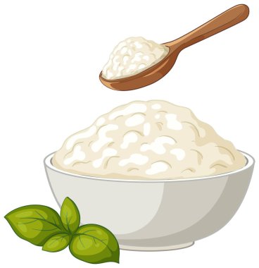 Süzme peynir, ahşap kaşık ve yeşil fesleğen yapraklarıyla dolu beyaz bir kase.