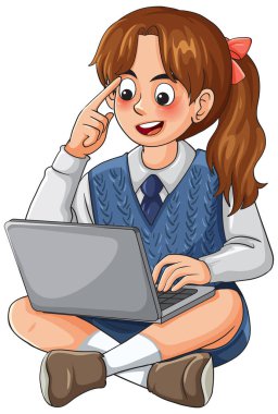 Dizüstü bilgisayar kullanan neşeli liseli kız, beyaz arkaplanlı renkli çizgi film vektör çizimi