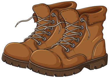 Gerçekçi bağcıkları ve gölgeleri olan engebeli kahverengi deri yürüyüş botlarının ayrıntılı çizimi