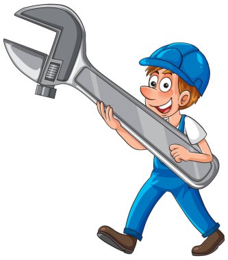 Mavi üniformalı gülümseyen karikatür teknisyeni elinde büyük İngiliz anahtarı, beyaz arka plan, vektör illüstrasyonu