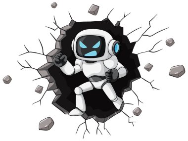 Kızgın çizgi film robotları çatlak duvarı, dinamik duruşu, kalın hatları, beyaz arkaplanı delip geçiyor.