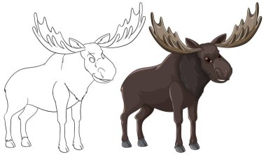 Renkli ve özet versiyonlarda bir boğa geyiğinin yan görünüş çizimi.