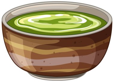 Beyaz bir seramik kasenin içindeki yeşil kibrit çayının detaylı bir temsili.