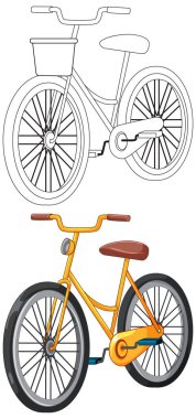 Klasik şehir bisikleti hem renkli hem de siyah ana hatlı vektör illüstrasyonlarında gösterilir, izole edilmiş