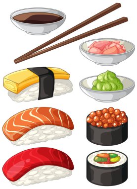 Beyaz arka planda çeşitli suşi parçaları, soya sosu, zencefil ve wasabi örnekleri var.