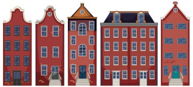 Klasik kırmızı tuğlalı evler, süslü gablonlar, simetrik pencereler, düz perspektif vektör çizimi