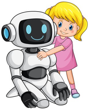 Çizgi film robotu mutlu bir kızla oturuyor, parlak renkler, temiz çizgiler, beyaz arka plan, neşeli bir ruh hali