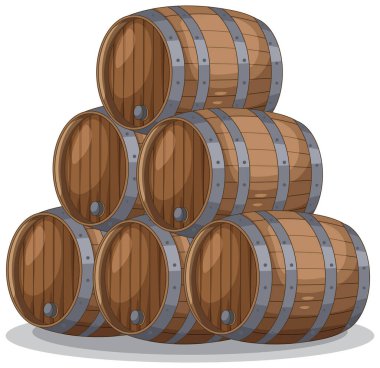 Beyaz zemin üzerinde metal halkalar olan altı kahverengi ahşap varilden oluşan bir piramit yığını.