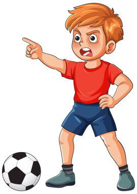 Kırmızı tişörtlü çocuk, futbol topunun yanında duruyor, beyaz arka plan, vektör illüstrasyonu.