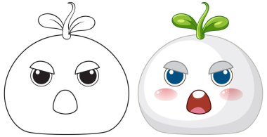 İki farklı şekilde yeşil filizlenen kızgın, beyaz, yuvarlak bir karakterin vektör çizimi