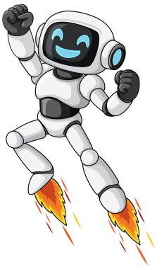 Sırıtkan robot karakter jetpack, dinamik duruş, canlı renkler, çizgi film vektör illüstrasyon tarzı