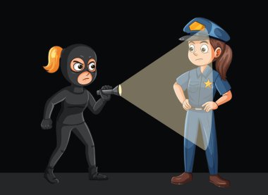 Çizgi filmdeki kadın soyguncu, şaşırmış kadın polis memuruna fener tutuyor, koyu arkaplan, vektör illüstrasyon tarzı.