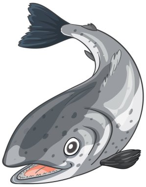 Siyah noktalı, kıvrık kuyruklu ve ağzı açık olan stilize edilmiş gri somon balığı vektör çizimi.