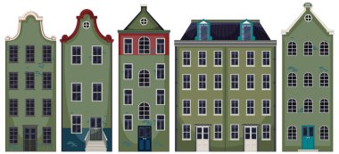 Beş yeşil şehir evinin düz vektör çizimi, simetrik kompozisyon, sessiz palet, mimari detaylar