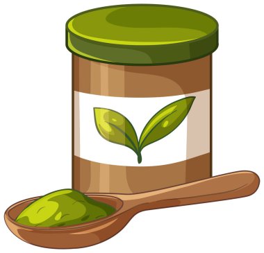 Kavanozda yeşil çay tozunun vektör çizimi ve beyaz arka planda kaşık