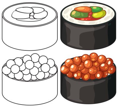 Suşi rulolarının düz vektör çizimi ve renkli ve ana hatlı somon yumurtası maki.