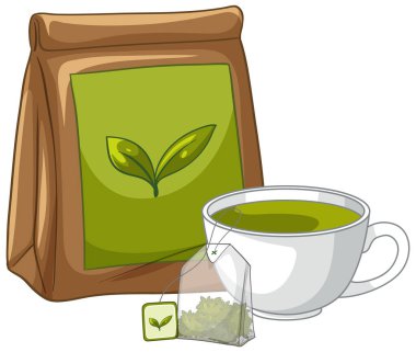Kağıt bir paketin yanında yeşil çayla dolu beyaz bir fincanın vektör çizimi