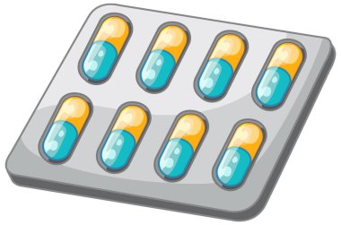 Gümüş kabarcık ambalajında sekiz mavi ve sarı tıbbi kapsülün çizgi film stili çizimi