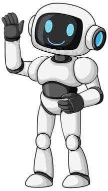 Sevimli insansı robot karakter el sallıyor, gülümsüyor, çizgi film vektör stili, temiz beyaz arkaplan, düz renkler