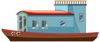 Kırmızı çatısı, mavi duvarları, üst güvertesi ve detaylı pencereleri olan renkli vektör yüzen ev çizimi