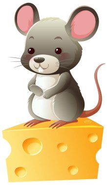Büyük kulaklı gülümseyen çizgi roman faresi sarı peynirin üzerinde oturuyor, parlak vektör illüstrasyon tarzı.