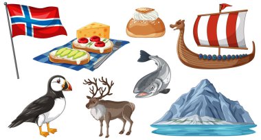 Bayrak, Viking gemisi, martı, ren geyiği ve beyaz arka planda geleneksel yiyecek içeren Norveç kültür simgeleri