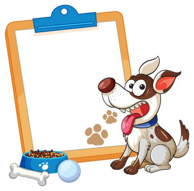 Mutlu benekli köpek boş bir panonun, yemek kasesinin, kemiğin ve topun yanında oturur.