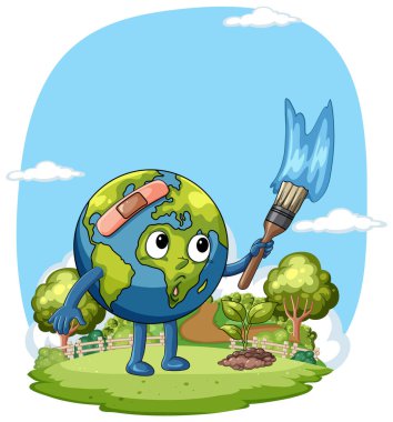 Bandajlı karikatür Dünya yeşil manzaranın üstünde mavi gökyüzünü boyuyor, düz renkli vektör stili.